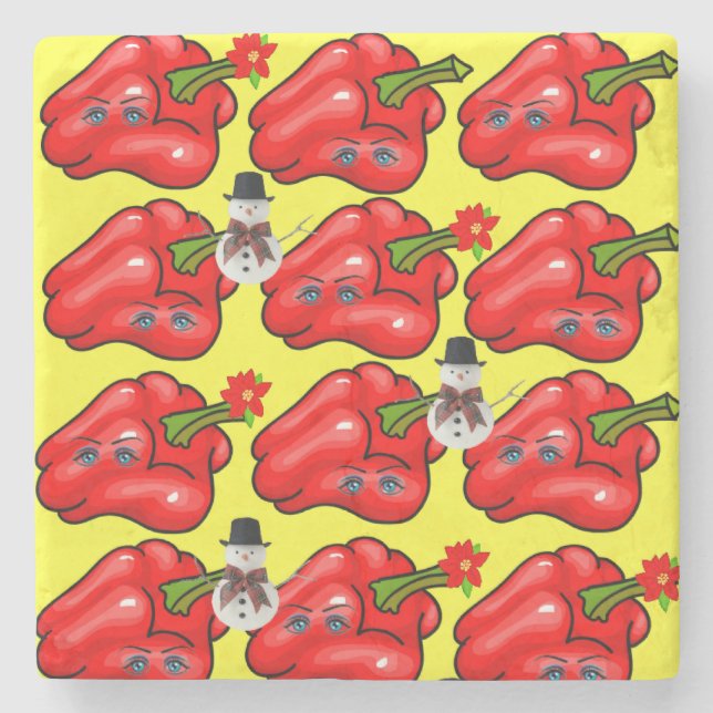 Christmas Marble Stone Coaster, Red Pepper Snowman Stone Coaster (Front)