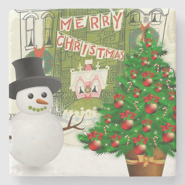 Christmas Marble Stone Coaster, Snowman Coaster (Front)