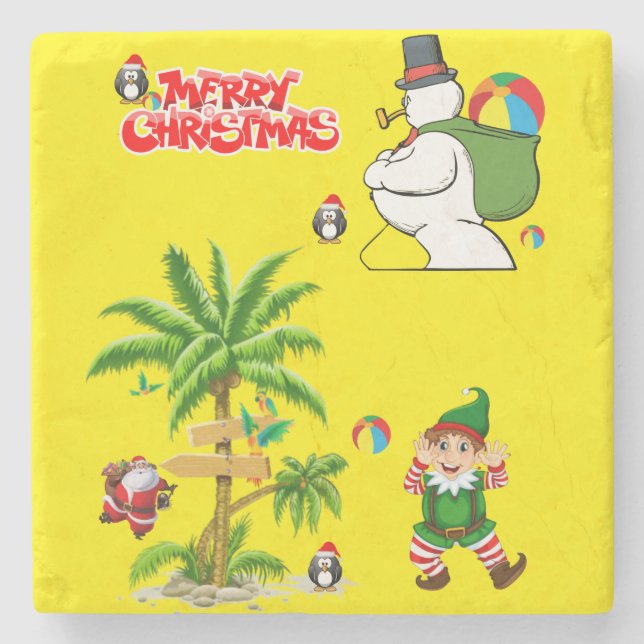 Christmas Marble Stone Coaster, Summer Beach Santa Stone Coaster (Front)