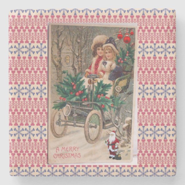 Christmas Marble Stone Coaster, Vintage Coaster (Front)