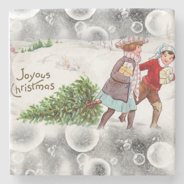 Christmas Marble Stone Coaster, Vintage Stone Coaster (Front)