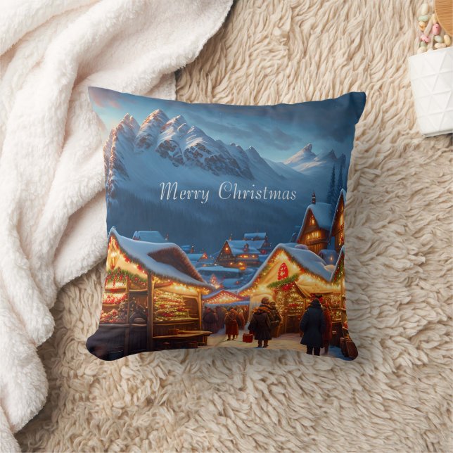 Christmas market in the mountains - custom throw pillow (Blanket)