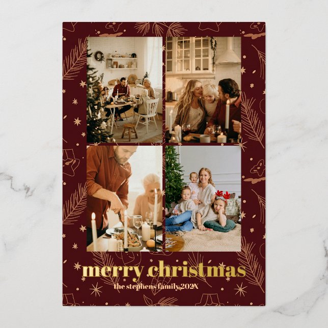 Christmas Maroon Foil Pine and Star Print Foil Holiday Card (Front)