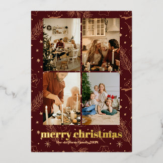 Christmas Maroon Foil Pine and Star Print Holiday Card