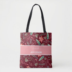 Christmas Maroon Red Green Flowers Monogram Tote Bag