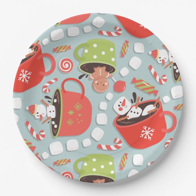 Christmas Marshmallow Snowman Hot Cocoa  Paper Plate (Front)