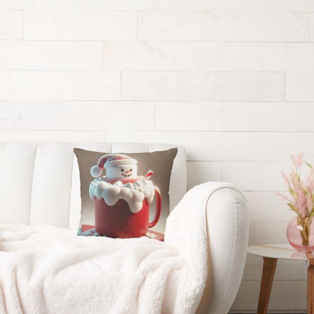 Christmas Marshmallow Snowman In Hot Chocolate Throw Pillow (Couch)