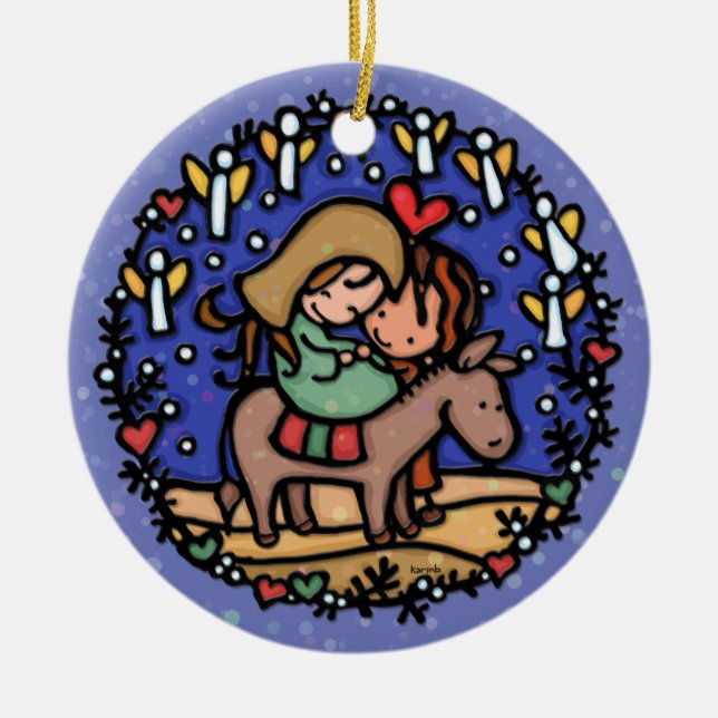 Christmas Mary Joseph Angels Rejoicing BLUE Ceramic Ornament (Front)