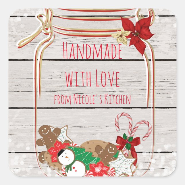 Christmas Mason Cookie Jar Holiday Favour Square Sticker (Front)