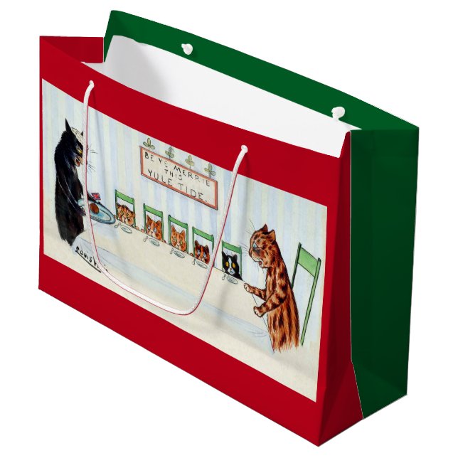 Christmas meal, Louis Wain Large Gift Bag (Front Angled)
