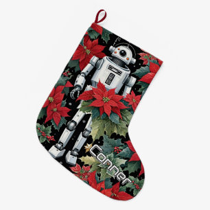 Christmas Mech Robot With Poinsettias Large Christmas Stocking