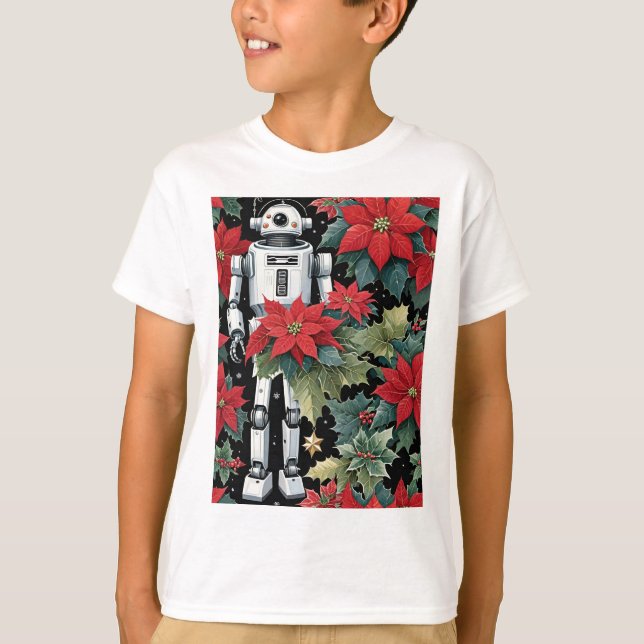 Christmas Mech Robot With Poinsettias T-Shirt (Front)