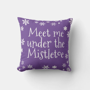 Christmas Meet Me Under the Mistletoe Purple White Throw Pillow