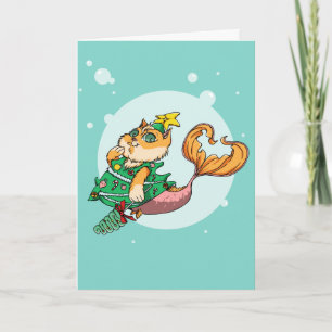 Christmas Mermaid Cat Holiday Card