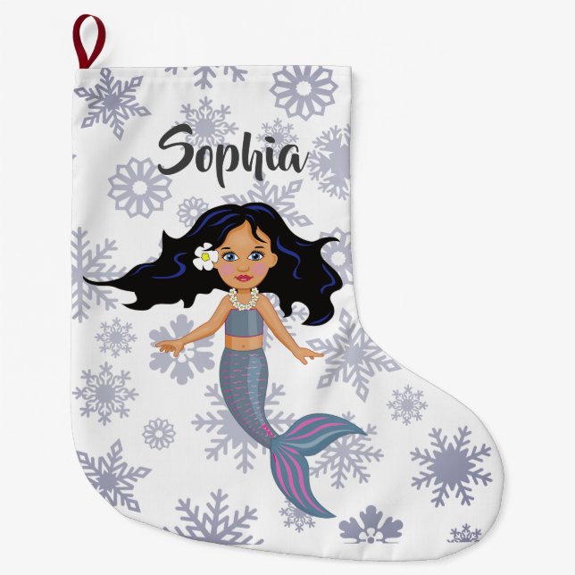 Christmas Mermaid Cute Name Silver White Large Christmas Stocking (Front)