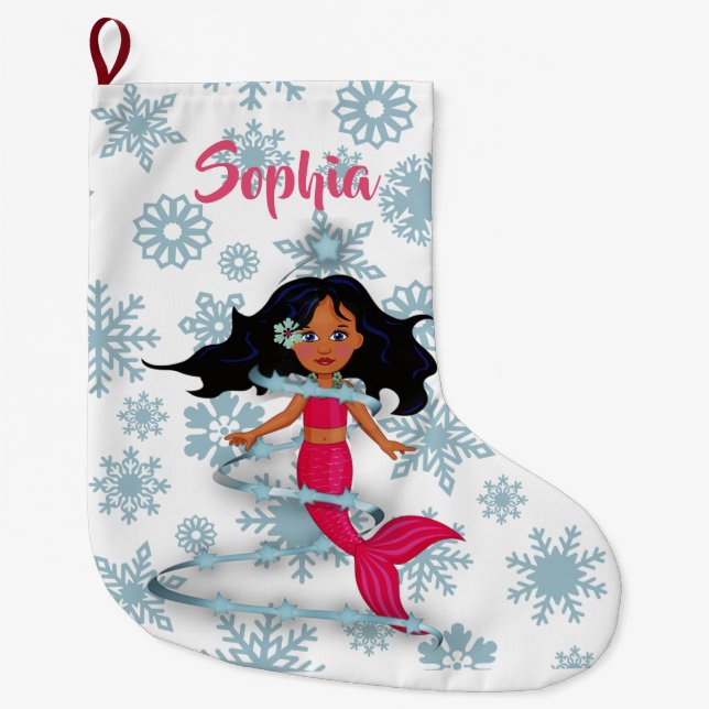 Christmas Mermaid Cute Name White Large Christmas Stocking (Front)