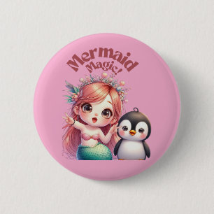 Christmas Mermaid Magic Card with Penguin Fun 2 Inch Round Button