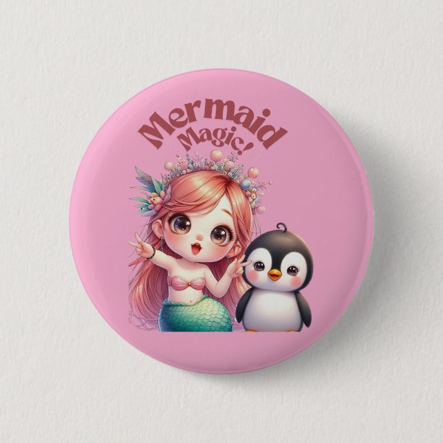Christmas Mermaid Magic Card with Penguin Fun 2 Inch Round Button (Front)