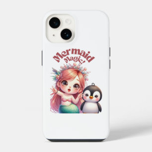 Christmas Mermaid Magic Card with Penguin Fun iPhone 14 Case