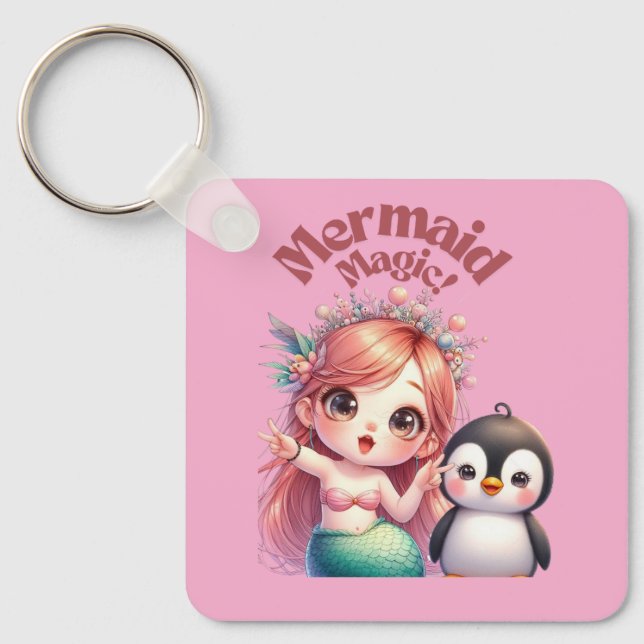 Christmas Mermaid Magic Card with Penguin Fun Keychain (Front)
