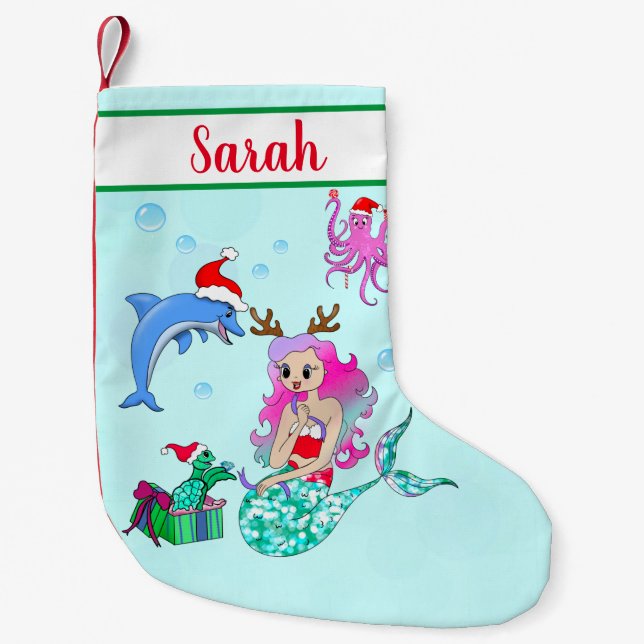 Christmas Mermaid Opening Up Gifts Small Christmas Stocking (Front)