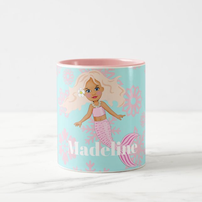 Christmas Mermaid Pink Snowflakes Hot Chocolate Two-Tone Coffee Mug (Center)