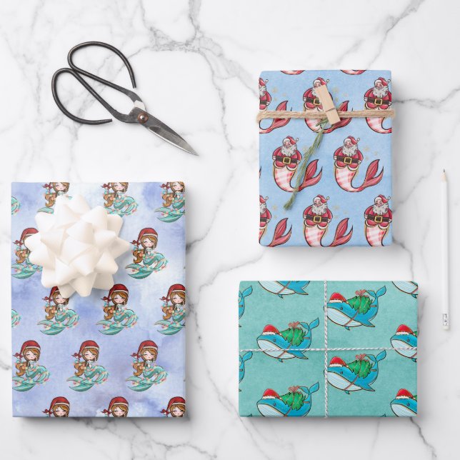 Christmas Mermaid Santa Whale Watercolor Wrapping Paper Sheet (Front)