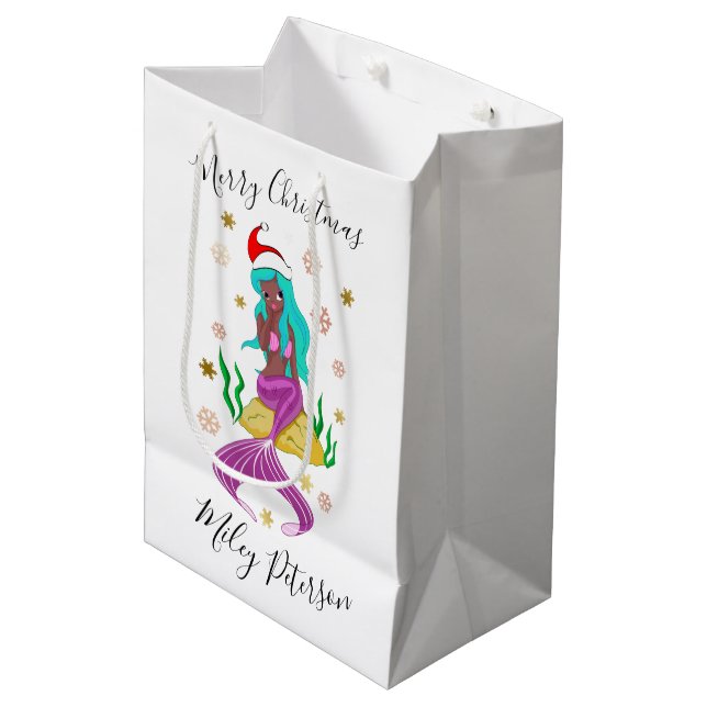Christmas mermaid & snowflakes gold personalized medium gift bag (Front Angled)