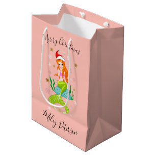 Christmas mermaid & snowflakes gold personalized medium gift bag