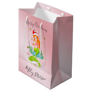 Christmas mermaid & snowflakes gold personalized medium gift bag