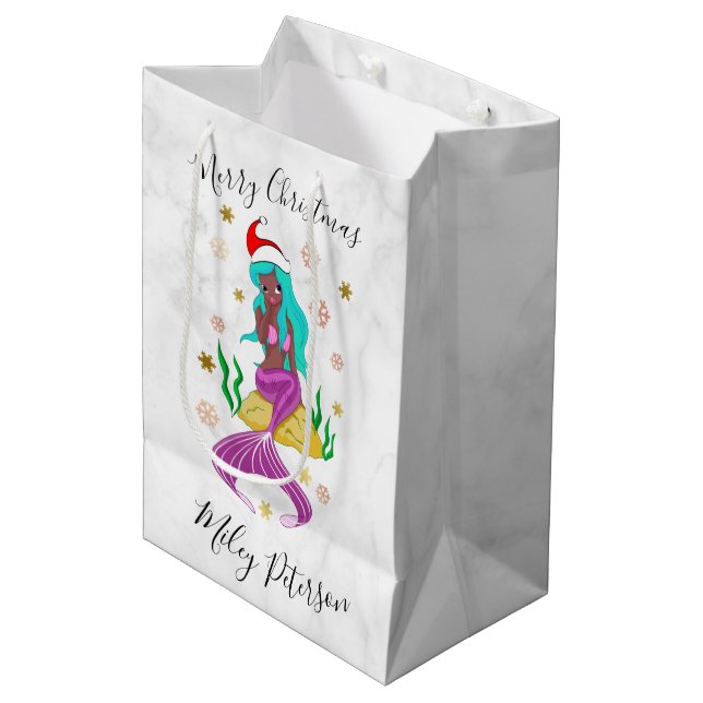 Christmas mermaid & snowflakes gold personalized medium gift bag (Front Angled)