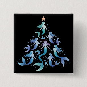 Christmas Mermaid Tree Girls Summer Holiday Xmas 2 Inch Square Button