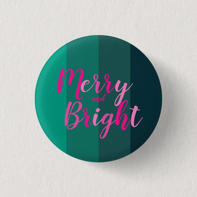 Christmas Merry and Bright Green Pink 1 Inch Round Button (Front)