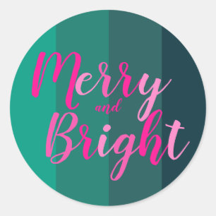 Christmas Merry and Bright Green Pink Classic Round Sticker