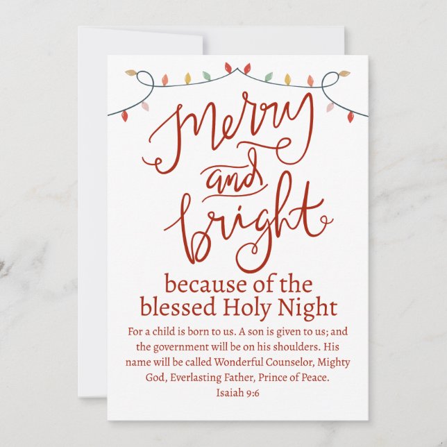 Christmas Merry and Bright Holy Night Red Script Holiday Card (Front)