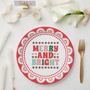 Christmas Merry and Bright Modern Bold Pink Red Paper Plate
