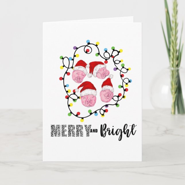 Christmas Merry and Bright Pink Pigs Holiday Card (Front)
