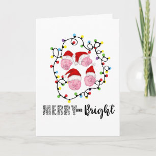 Christmas Merry and Bright Pink Pigs Holiday Card