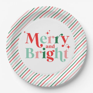 christmas merry and bright pink red modern font paper plate