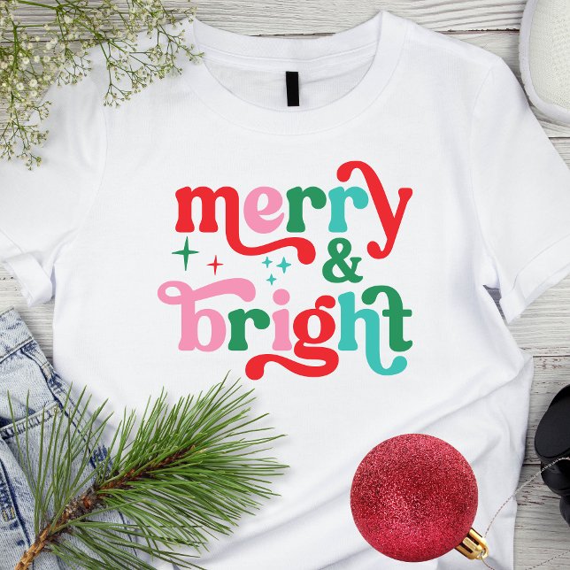 Christmas Merry and Bright Pink Red Retro Font T-Shirt (merry bright )