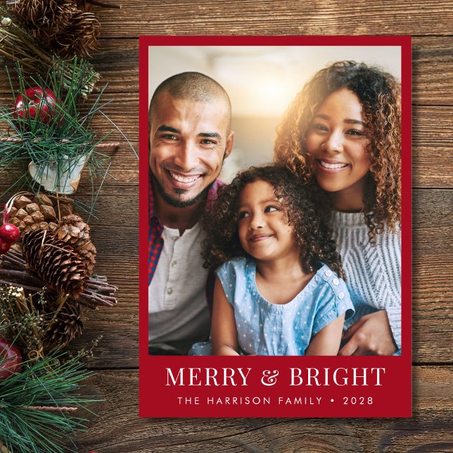 Christmas Merry And Bright Red Photo Holiday Card (Creator Uploaded)