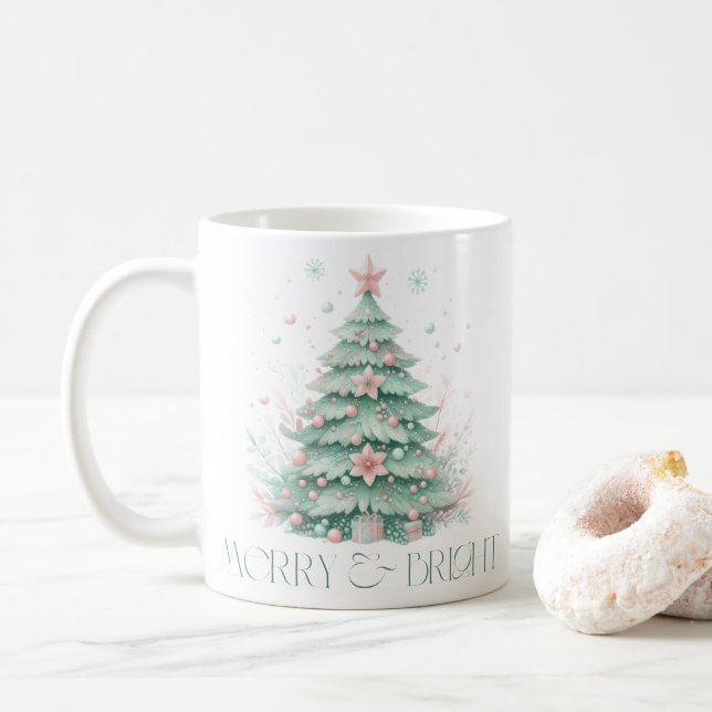 Christmas Merry & Bright Christmas Tree Mint Pink Coffee Mug (With Donut)