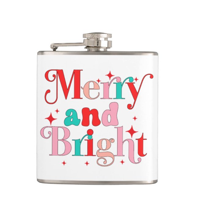 Christmas Merry & Bright Modern Personalized Name Hip Flask (Front)