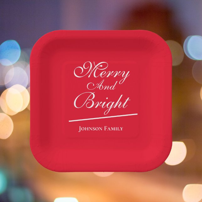 Christmas Merry & Bright Personalized Family Chic  Paper Plate (Christmas "Merry & Bright" personalized chic red paper plates.)