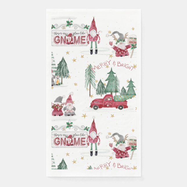 Christmas Merry Bright Red Gnomes Forest Gold Star Napkin (Front)