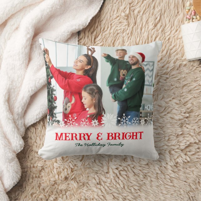 Christmas Merry & Bright Snowflake 2 Photo Family  Throw Pillow (Blanket)