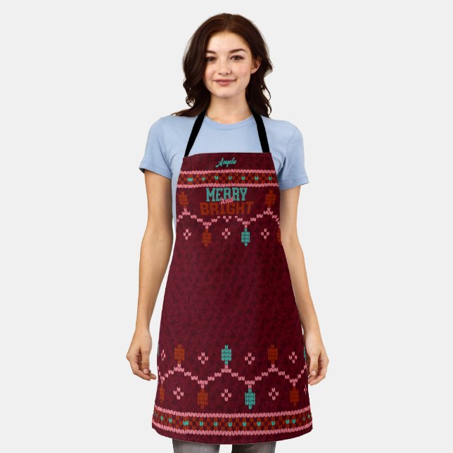 Christmas Merry & Bright Ugly Sweater Style Apron (Worn)