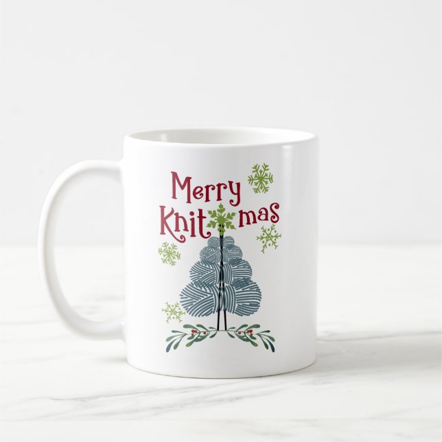 Christmas Merry Knitmas Yarn Tree and Snowflakes Coffee Mug (Left)