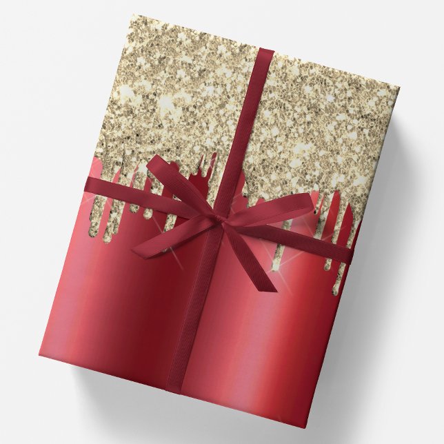 Christmas Metallic Red & Dripping 14k Gold Glitter Wrapping Paper (Creator Uploaded)