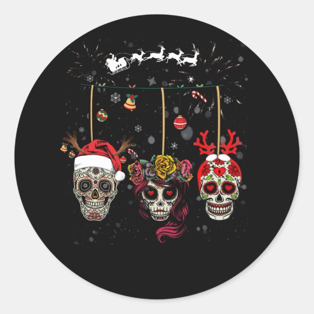Christmas Mexican Flower Sugar Skull In Snow Xmas Classic Round Sticker (Front)